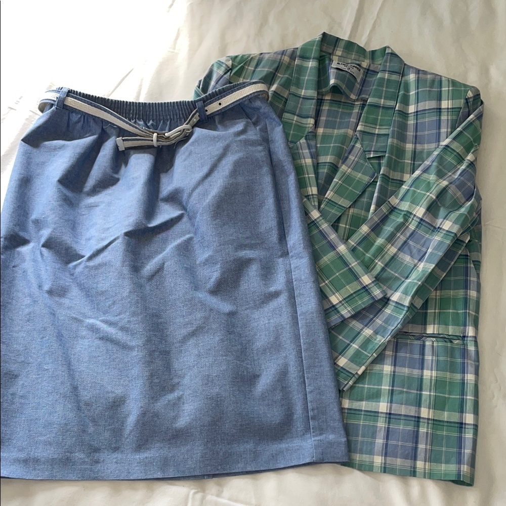 Alfred Dunner Blue & Green Plaid Blazer 14P. Pencil Skirt 12P w Belt. Vintage